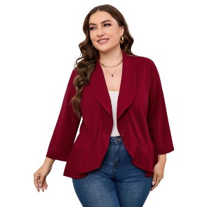 Women's Ruffled Hem Blazer Cardigan, Single-Button Lapel Jacket with 3/4 Sleeves for Casual & Office Wear - 1 of 4