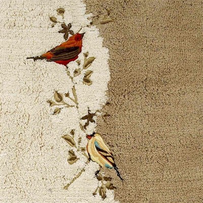 Ivory Beige Cotton Bath Rug with Embroidered Birds