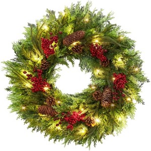 22"Pre-Lit Christmas Wreath for Front Door, Lighted Wreath with Pine Cones,Red Berries & Green Branches,for Fireplace Window Wall Holiday Home Decor - 1 of 4