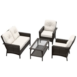 EAGLE PEAK 4 Piece Patio Rattan Furniture Conversation Set, Wicker Outdoor Couch and Chairs Set with Coffee Table - 1 of 4