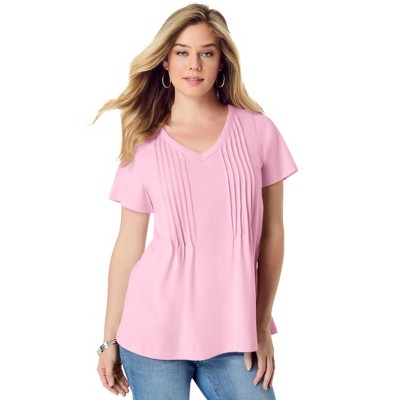Roaman's Women's Plus Size V Neck Pintuck Tee