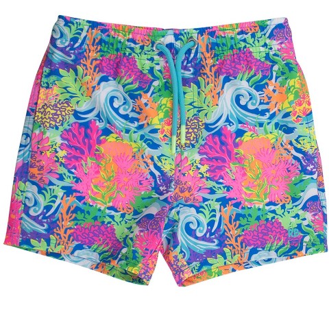RuggedButts Boys UPF50+ Sun Protected Neon Stretch Performance Hybrid Swim Trunks - Neon Ocean Coral, 5