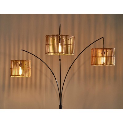 Bohemian Bronze 3-Light Arc Floor Lamp with Rattan Shades