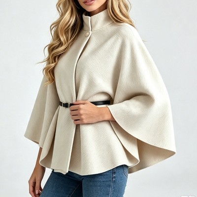 Женские куртки YesFashion Women's Stand Collar Cape Coat, Wide Bell Sleeve Short Wrap Jacket with Belt, Elegant Loose Fall Outerwear Beige S — фото 2