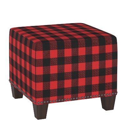 Square Nail Button Ottoman Classic Gingham Red Black - Skyline Furniture