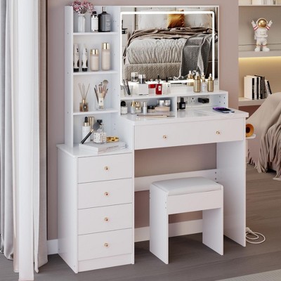 YONWAY 3 in 1 Vanity Desk with Mirror, 5 Drawers+Cushioned Stool Vanity Table Set, 2 AC+2 USB Power Station, Hair Dryer Stand, 3-color Switch