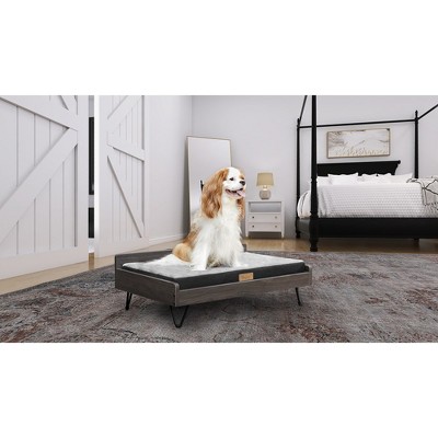 Medium Gray Wooden Elevated Pet Bed with Water-Resistant Mattress