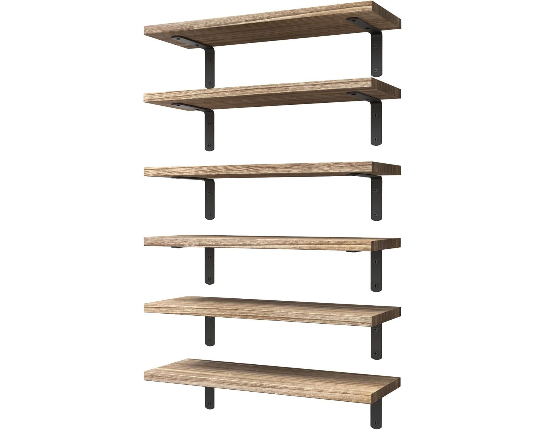 Set of 6 Wood Floating Shelves, Farmhouse Wall Decor Shelves for Bedroom Bathroom Living Room Storage & Books