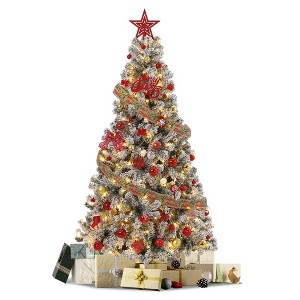 6FT Snow Flocked Christmas Tree, Pre-lit Artificial Xmas Tree with 640 Branches Tips - 1 of 4