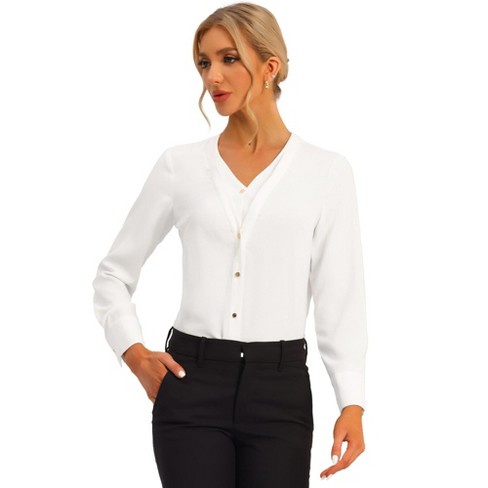 Allegra K Women's V Neck Classic Office Long Sleeves Button Down Shirts  White X-Large