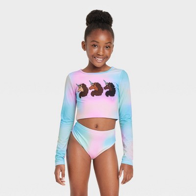 Girls' 2pc Afro Unicorn Long Sleeve Rash Guard Swimwear Set