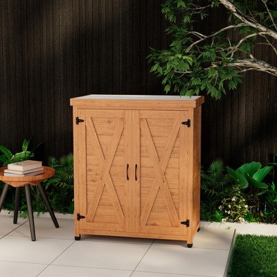 DOMETOUR Potting Bench with Storage Cabinet and Metal Table Top for Outdoor Patio,Outdoor Work Station Table