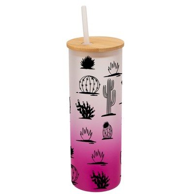 Elanze Designs Succulent Cactus Desert Plant Wrap-Around Design 25 Ounce Frosted Gradient Glass On-The-Go Coffee Travel Skinny Tumbler Mug Cup, Bamboo