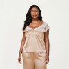 Anna-Kaci Lounge Women's PLus Size 2-Piece Set Satin Lace Trim Sleep Top and Wide Leg Pants with Soft Draping Silhouette - 2 of 4