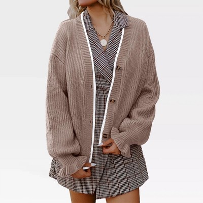 Women's Front Button Down Rib Knit Cardigan with Ruffled Cuffs - Casual Sweater for Fall Outfits,Khaki - 2XL
