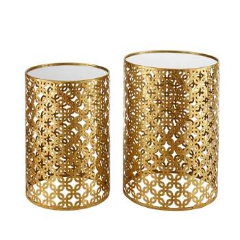 Set of 2 Boho Round Nested Metal Tables Set of Two with Pierced Metal Design and Mirror Top Gold - Linon