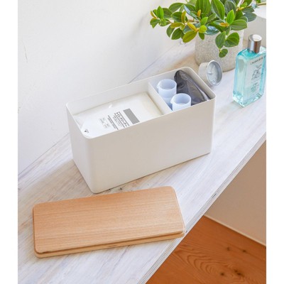 White Steel and Wood Lidded Countertop Organizer