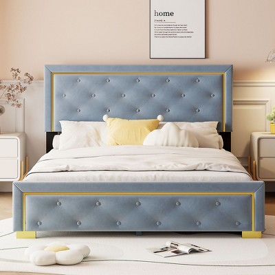 NicBex Queen Upholstered Bed Frame with Button Tufted Velvet Headboard,Platform Bed Frame with Gold Metal Wire and Metal Feet,Easy Assembly