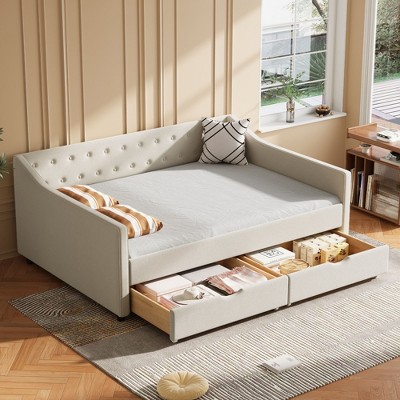 Kumasinova Twin/Full Size Daybed with 2 Storage Drawers,Fabric Upholstered Sofa Bed with Button Tufted Back & Piped Arms for Living Room,Bedroom