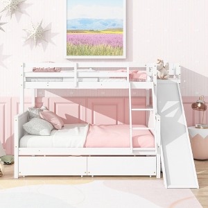 Twin over Full Bunk Bed with 2 Drawers, Shelves, Slide, Ladder, Safety Guardrails and Rubber Wood Frame, White/Grey-ModernLuxe - 1 of 4