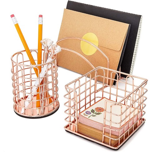 Rose Gold Desk Organizer and Stationary Set Rose Gold Paper Clips and Binder Clips Custom Rose Gold Glitter Pens and Memo Pad 6 Compartments for Pens Pencils Business Cards Letterhead and Clips 