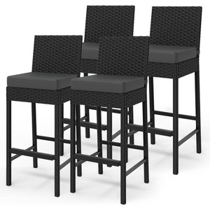 Wicker Woven Outdoor Bar Stools Set of 2, Rattan Patio Stools & Patio Bar Chairs Armless, Outdoor Bar Height Chair w/Soft Seat Cushion - 1 of 4