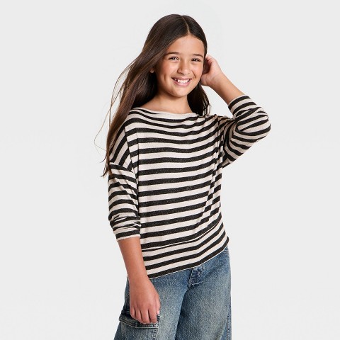 Топ Art Class Striped Banded Bottom Boatneck Long Sleeve Top для девочек, цвет: Полосатый