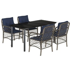 vidaXL 5-Piece Patio Dining Set - Gray PE Rattan with Navy Blue Cushions, Tempered Glass Table Top, Steel Frame - 1 of 4