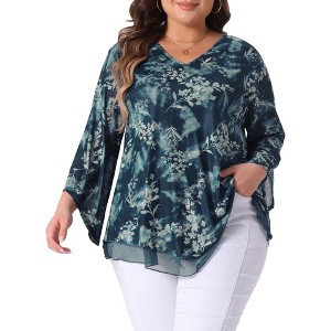 Agnes Orinda Women's Plus Size V Neck 3/4 Flared Sleeve Double Layers Mesh Blouses - 1 of 4