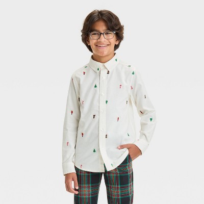 boys holiday dress shirt Boys Christmas Tree Poplin Button Up Shirt
