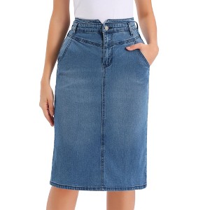 INSPIRE CHIC Women's Denim Back Slit Stretchy High Waisted Midi Jean Skirt - 1 of 4