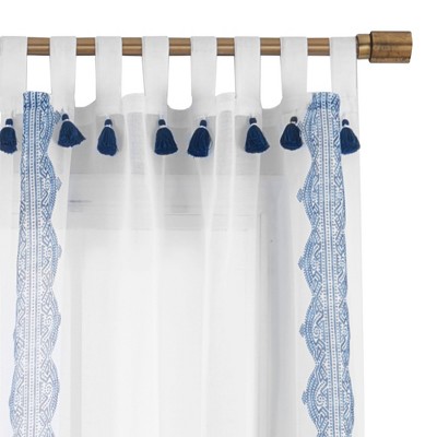 Indigo Sheer Tab Top Boho Tassel Window Curtain Panel