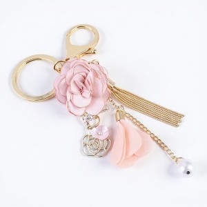 Anna-Kaci Pink Flower Tassel Keychain with Pearl Accent and Gold Metal Details - Pink - 1 of 4