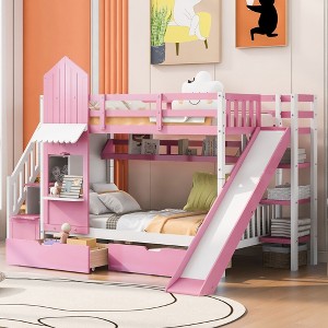 Twin-Over-Twin/Full-Over-Full Castle Style Bunk Bed with 2 Drawers 3 Shelves and Slide, White/Gray/Pink/Blue - ModernLuxe - 1 of 4