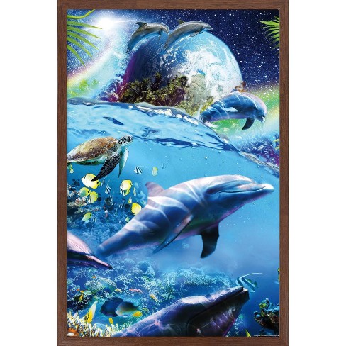 Trends International James Booker - Space Dolphins Framed Wall Poster  Prints Mahogany Framed Version 14.725' X 22.375' : Target