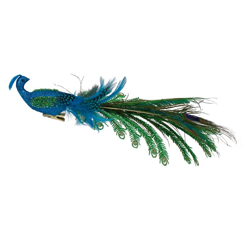 Northlight 15.25" Blue and Green Glittered Peacock Clip On Christmas Ornament, 3 of 4