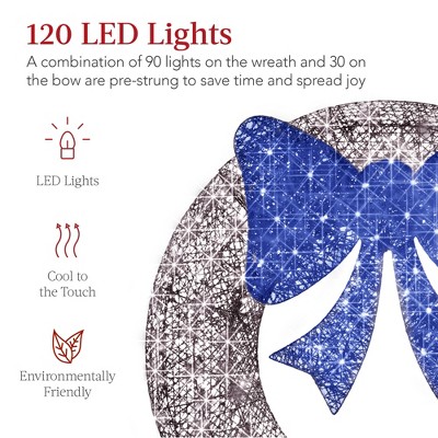 36in Silver Blue LED Outdoor Christmas Wreath with Bow