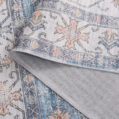 Ivory and Light Blue Weathered Medallion Washable Area Rug