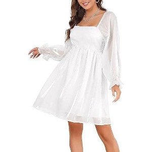 Womens Long Puff Sleeve Square Neck Long Puffy Dress Babydoll Mesh Midi Dress - 1 of 4