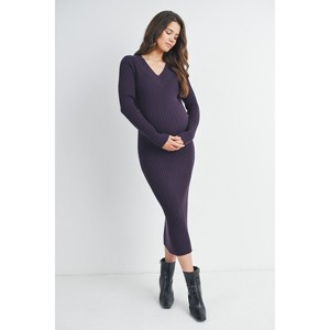 Hello Miz Women's Ribbed Long Sleeve V Neck Maternity Midi Dress - 1 of 4