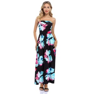 Women Strapless Floral Print Bohemian Boho Maxi Dress Casual Off Shoulder Beach Party Dress with Pockets - 1 of 4