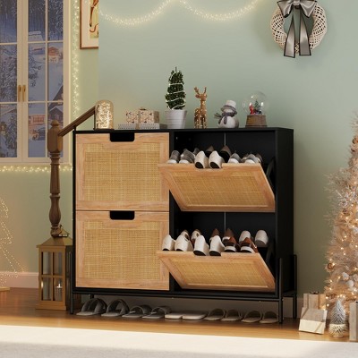Modern Rattan Shoe Cabinet Organizer,4 Flip-Door Storage with 3 Adjustable Shelves
