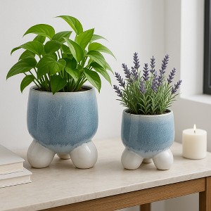 Home Decor Flower Pots and Planters - Glazed Ceramic Plant Pots with  Sculptural Ball Feet for Indoor or Outdoor Use - Set of 2; 11", 8" Blue &  White