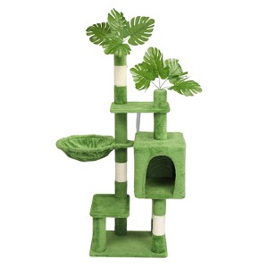 Gulches Green 48 inch Leaf Cat Tree Condo Hammock Platforms Sisal Posts Hanging Ball Anti Tip Compact Tower Small Cats 11 lbs - 1 of 4