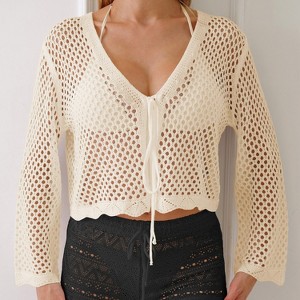 Women's Tie Front Long Sleeve Swimsuit Coverup Hollow Out Cropped