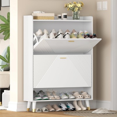 TIRAMISUBEST White Shoe Cabinet with 2 Flip Drawers - Space-Saving Wooden Shoe Organizer for Entryway, Hallway or Closet
