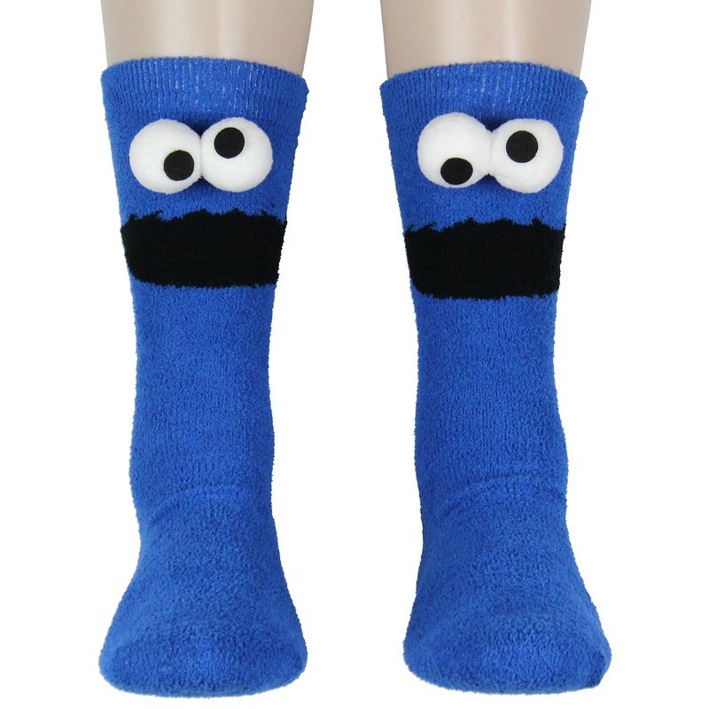Sesame Street Socks 3D Eyes Cookie Monster Adult Chenille Fuzzy Plush Crew Socks Blue, 2 of 6
