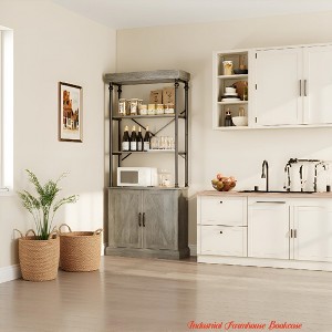 Living Room Industrial Farmhouse Bookcase with Doors - 74" Tall Wood & Metal Bookshelf w/ Storage Cabinet, Vintage Open Shelf Design - 1 of 4