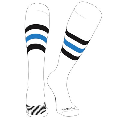 PEAR SOX Striped OTC Baseball, Softball, Football Socks (H) White, Black, Neon Blue