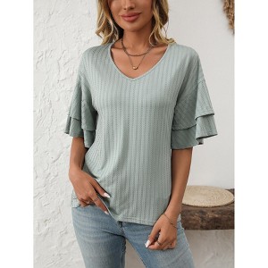 Clearlove Women's V-Neck Peplum Top with Textured Detail - 1 of 4